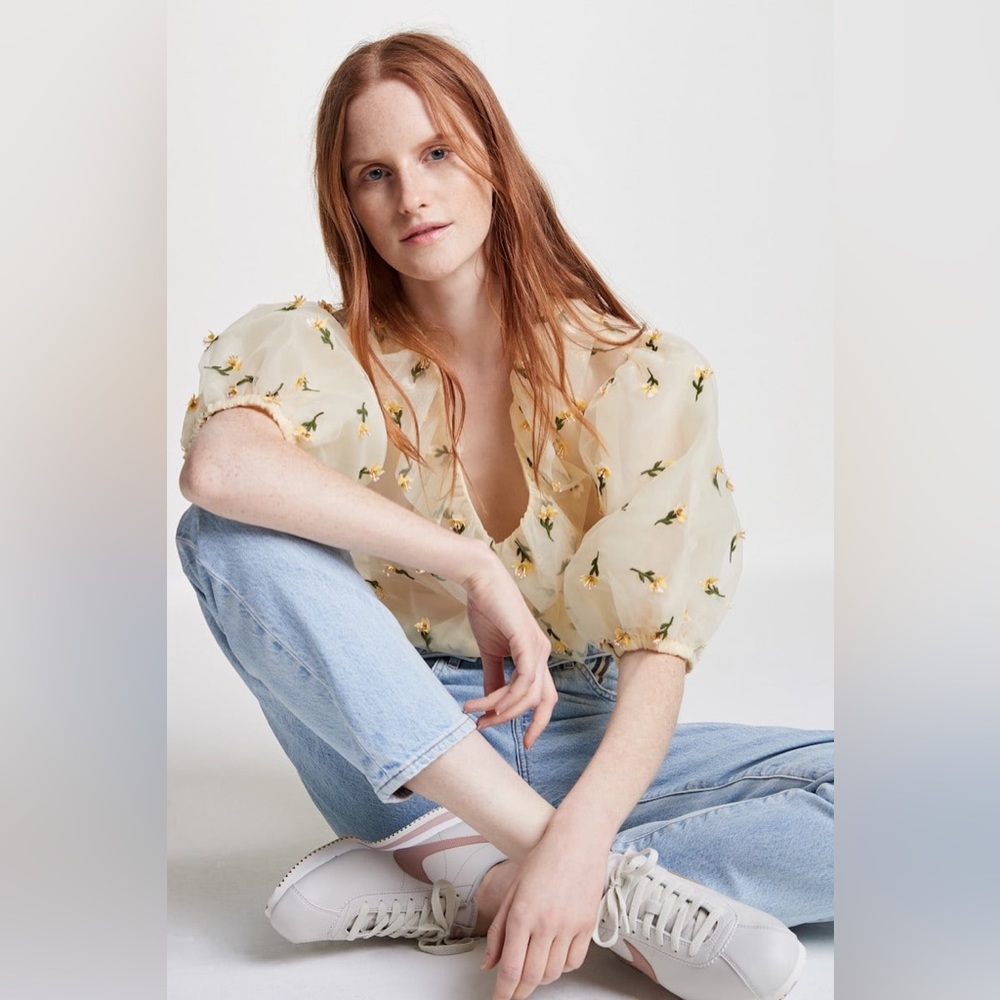 NWT $540 Ganni Bliss Cropped Embellished Tulle Top In Cream